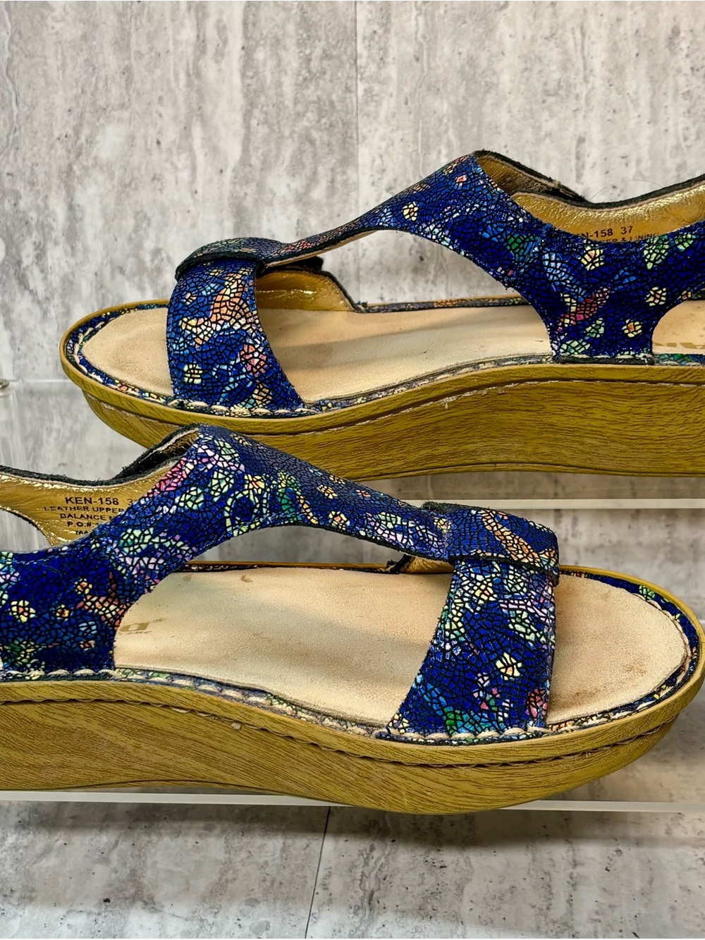 Alegria Ken 158 Blue Multi Leather Comfort Adjustable Slides Sandals Sz 7.5